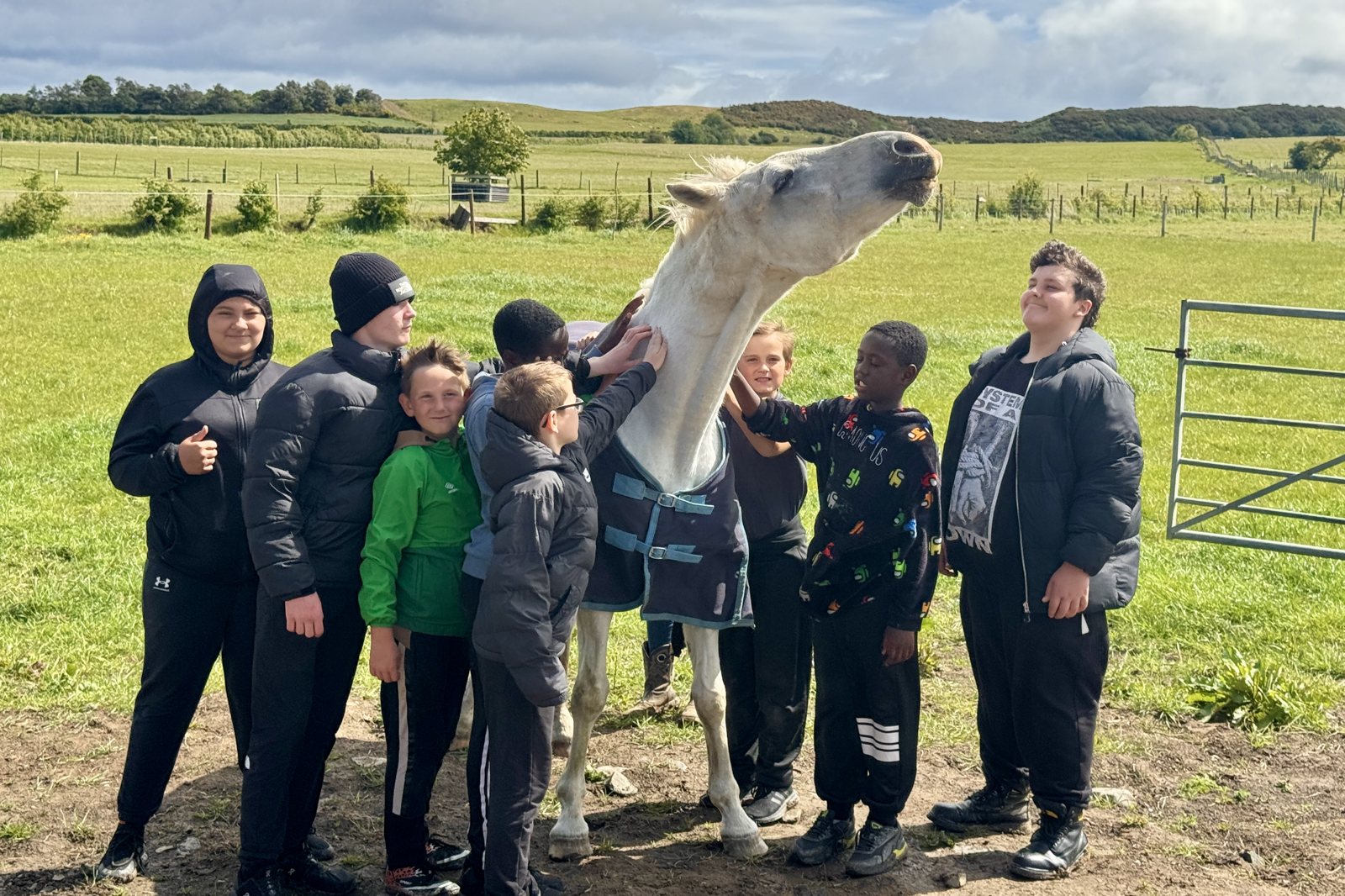 A group of Kids Kabin young people meeting a white horse on a countryside trip