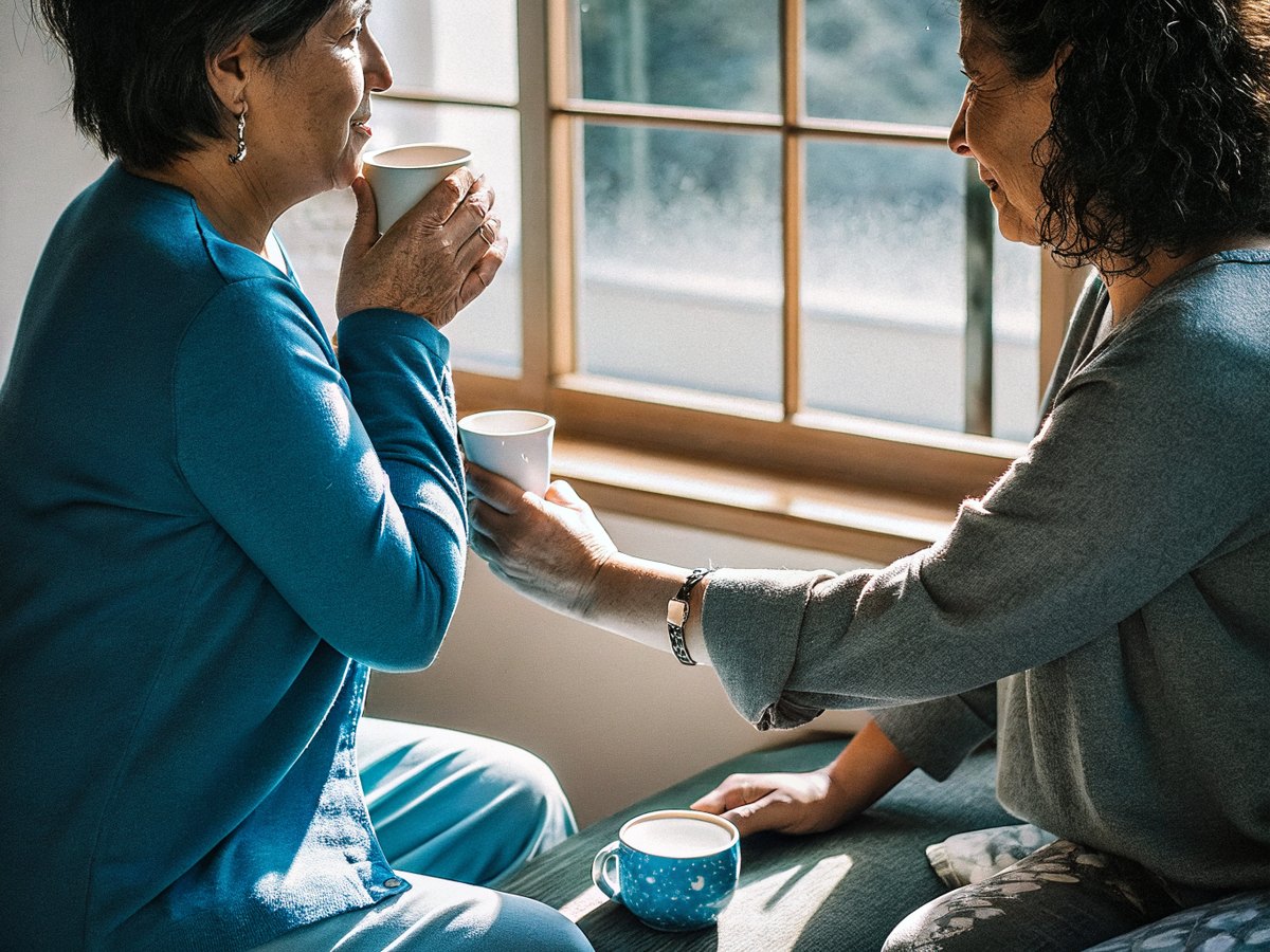 Two people in a calm one-to-one conversation over a cup of tea